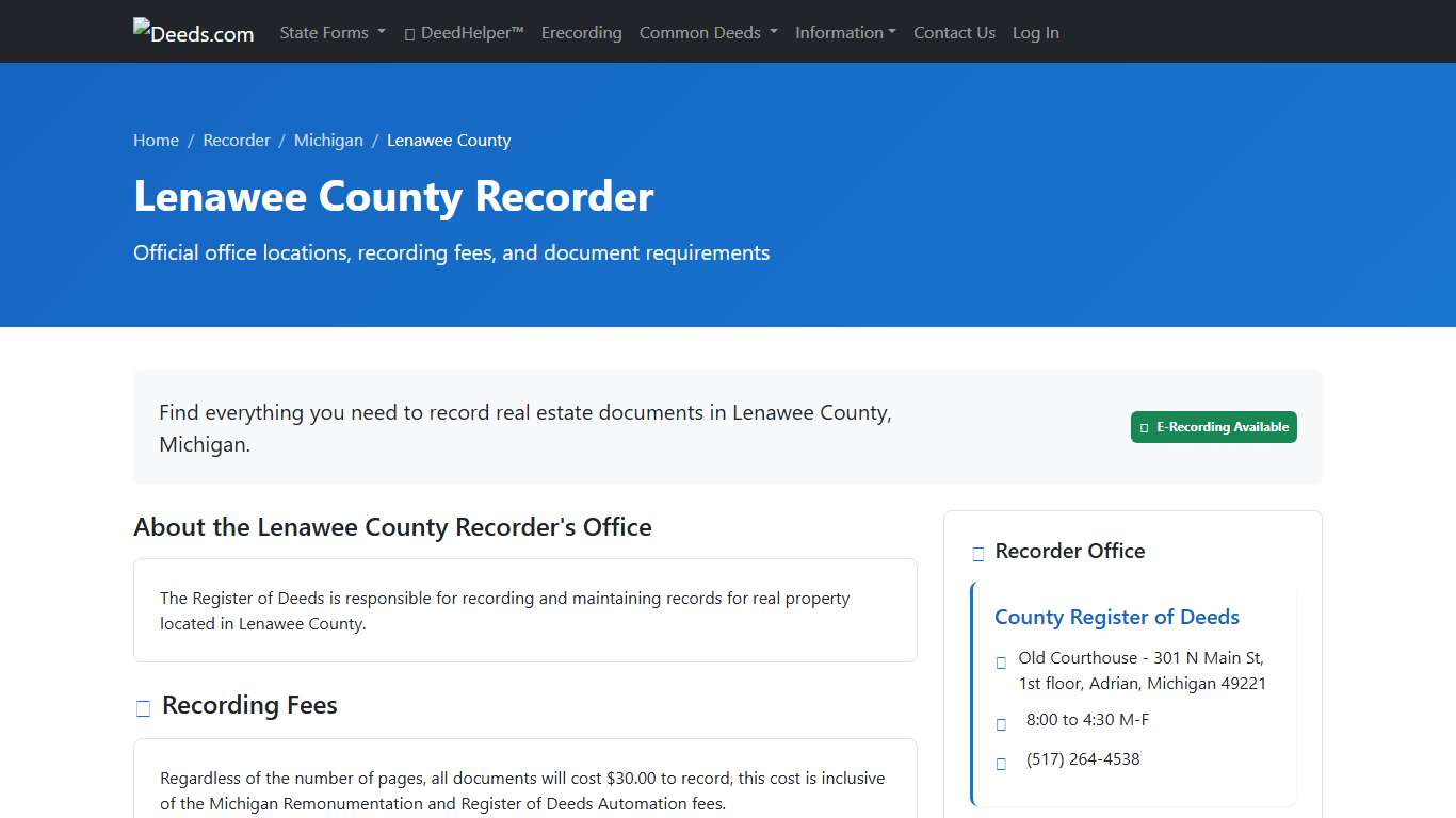 Lenawee County Recorder Information, Michigan - Deeds.com